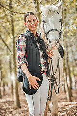 Image showing Portrait of happy woman with horse standing in woods, nature and love for animals, pets or dressage with trees. Equestrian sport, jockey or rider in forest for adventure, pride and smile on face.