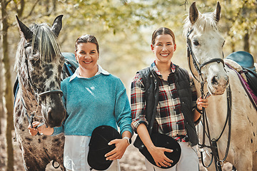 Image showing Smile, nature and portrait of women with horses in forest training for race, competition or event. Happy, animal and young female people with stallion pets outdoor in woods for equestrian practice.