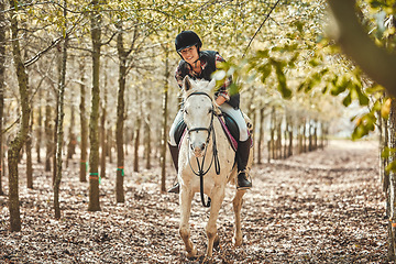 Image showing Happy woman on horse, riding in forest and running practice for competition, race or dressage with trees. Equestrian sport, female jockey or rider on animal in woods for adventure, training and smile