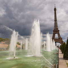 Image showing Eiffel Tower viewed through the Trocadero Fountains in Paris, sq