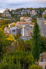 Image showing The medieval village of Balazuc.  Vertical photography taken in 