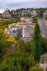 Image showing The medieval village of Balazuc.  Vertical photography taken in