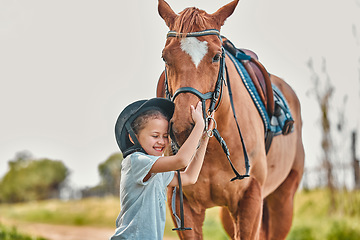 Image showing Kid, horse and smile in nature with love, adventure and care with animal, bonding together and relax on farm. Ranch, kid and pet with childhood, freedom or countryside with happiness, stallion or joy