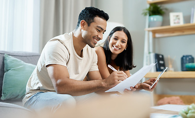 Image showing Happy couple, documents and budget planning on sofa in finance, expenses or bills together at home. Man and woman smile with paperwork in living room for loan, financial plan or insurance at house