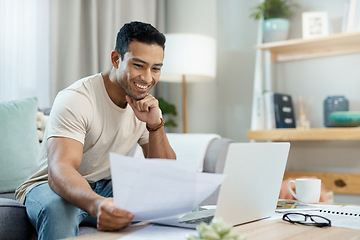 Image showing Happy man, bills and thinking on laptop and sofa for planning finance, reading website and taxes management. Young person with documents for home budget, solution and insurance choice on his computer