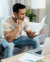 Image showing Serious man, documents and thinking in finance, debt or stress for decision on living room sofa at home. Male person with paperwork in thought or choice for financial plan, expenses or bills at house