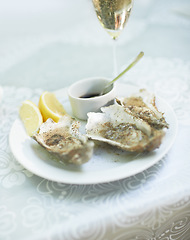 Image showing Background, food and plate of oysters with wine in restaurant for lunch, dinner and eating appetizer of gourmet cuisine. Closeup, luxury seafood diner and serving of shellfish on table with champagne