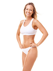 Image showing Portrait, smile and woman with underwear, body and fitness isolated on a white studio background. Person, girl and model with happiness, bikini and health with wellness, mockup space, joy and energy
