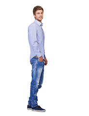 Image showing Fashion, handsome and portrait of man in studio with casual, classy and trendy outfit. Smile, happy and full body of attractive young male model with cool and edgy style isolated by white background.