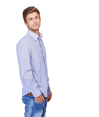 Image showing Style, serious and portrait of man in studio with casual, classy and trendy outfit for confidence. Handsome, pride and attractive young model with cool and edgy style isolated by white background.