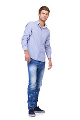 Image showing Fashion, handsome and portrait of man in studio with casual, classy and trendy outfit. Smile, happy and full body of attractive young male model with cool and edgy style isolated by white background.