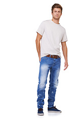 Image showing Fashion, serious and portrait of man in studio with casual, stylish and trendy outfit for confidence. Handsome, full body and young male model from Canada with cool style isolated by white background
