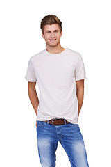Image showing Style, portrait and young man in a studio with casual, stylish and trendy outfit for confidence. Handsome, cool and full body of male model with tshirt and jeans fashion isolated by white background.