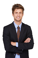 Image showing Portrait, arms crossed and happy business man in studio confident or positive mindset on white background. Corporate, fashion and face of professional male entrepreneur with trendy, style or suit