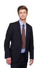 Image showing Studio, portrait and professional business man, lawyer or advocate for legal services, justice and company work. Corporate law firm career, job experience and government attorney on white background