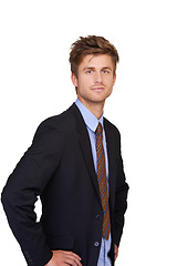 Image showing Portrait, fashion and business man in studio with confident, attitude or positive mindset on white background. Corporate, clothes and face of professional male entrepreneur with trendy, style or suit