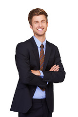 Image showing Studio portrait, arms crossed and professional happy man, lawyer or advocate pride for legal services, justice and law firm work. Job experience, happiness and government attorney on white background