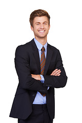 Image showing Studio portrait, arms crossed and happy man, business lawyer and smile for legal justice service, advisor or job experience. Attorney, confident agent and government consultant on white background