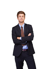 Image showing Studio portrait, arms crossed and serious man, business lawyer and confident in legal service vocation, advisory or career job. Attorney, assertive agent and government consultant on white background