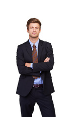 Image showing Corporate portrait, arms crossed and studio man, real estate agent or realtor pride in property management services. Business career, professional job experience and developer on white background