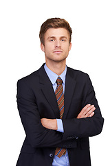 Image showing Corporate portrait, arms crossed and studio man, real estate agent or realtor pride, confidence and profile picture. Expert, professional job experience and property developer on white background