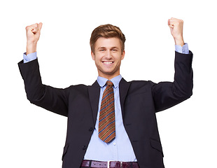Image showing Success, portrait and business man with winning fist in studio for startup, loan or approval on white background. Happy, face and excited entrepreneur with bonus, promotion or feedback celebration