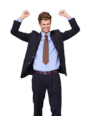 Image showing Business man, winner and fist in studio success, job achievement or winning of bonus, sales or profit. Excited corporate worker with cheers, yes and celebration or opportunity on a white background