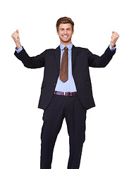 Image showing Portrait, success and business man with winning fist in studio for startup, loan or approval on white background. Happy, face and excited entrepreneur with bonus, promotion or feedback celebration