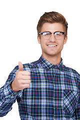 Image showing Business man, portrait and thumbs up in studio for success and support, agreement and like emoji or vote hands. Face of worker or winner in glasses with okay, good job or vision on a white background