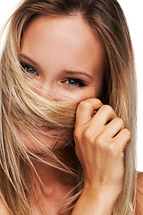 Image showing Portrait, happy woman and smile for haircare for white background with mock up in studio. Swedish model, closeup and shy face for result of treatment, frizz or split ends for healthy hair in space