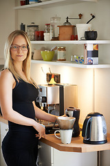Image showing Portrait, woman and cup for making coffee in kitchen with filter for strong, delicious and taste. Person, spectacles or glasses for vision with mug for fresh, dark and roast in early morning in home