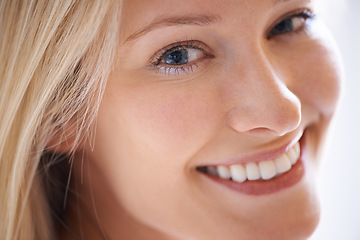 Image showing Closeup, happy woman and smile for skincare with portrait in home for dermatology, texture or pigmentation. Female person, hair and face for results of beauty, treatment or hydration for anti aging