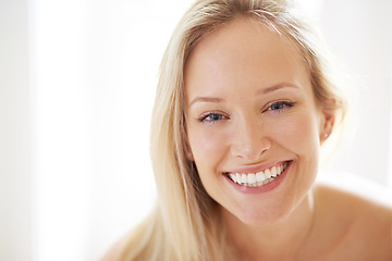 Image showing Happy woman, dermatology and portrait for closeup in home for skincare, beauty and cosmetics. Person, hair and face with excitement for treatment of texture, anti aging or smile with vitamin c
