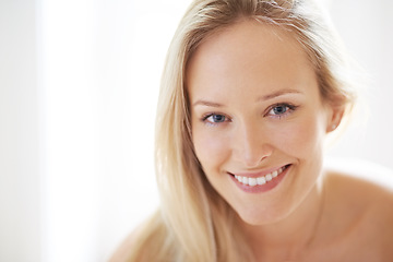 Image showing Closeup, happy woman and smile for beauty with portrait in home for skincare, texture and hydration. Female person, hair and face for results with dermatology, treatment or spf for anti aging of skin