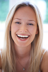 Image showing Portrait, happy woman and smile for skincare in home with closeup for cosmetics. Female person, natural beauty and excited for results of dermatology, treatment and skin with vitamin c for anti aging