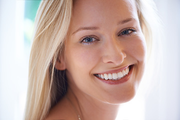 Image showing Portrait, happy woman and smile for beauty in home with closeup for dermatology in skincare. Female person, natural and cosmetics for anti aging, texture and hydration for skin, health and wellness