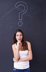 Image showing Surprise, question mark and portrait of woman with idea, brainstorming and asking why by chalkboard. Questions, thinking and person with shock, emoji and symbol on black background for solution