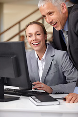 Image showing Reading, computer and happy business people in office for online news, website and research. Teamwork, corporate and woman with manager at desk for collaboration, coworking project and meeting