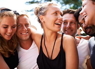 Image showing Festival friends, nature smile and people bond, friendship and happy summer conversation, discussion or communication. Community, freedom or group together at social event, outdoor concert or reunion