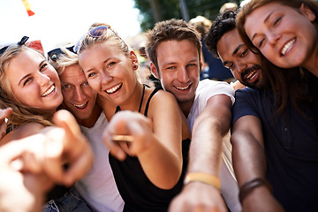 Image showing Festival friends, summer portrait and happy people, crowd or audience bond, smile and holiday together. Community freedom, entertainment and young group at social event, outdoor concert or reunion