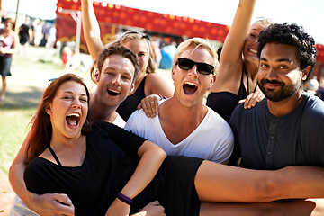 Image showing Festival, summer portrait and excited people, friends or carnival party energy, smile or holiday vacation together. Community freedom, shout or young group at social event, outdoor concert or reunion