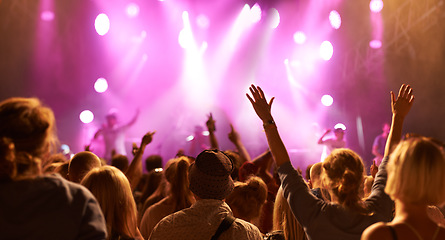 Image showing Concert crowd, back and music festival band audience listen to rock, metal or hip hop artist, rap star or live stage performance. Night show freedom, community and fun fans cheers for musician singer