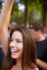 Image showing Happy, music and festival with woman in crowd for celebration, party and energy. Dancer, new years concert and rock event with person dance in countryside for social, rave club and summer disco
