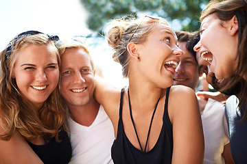 Image showing Festival friends, nature and crazy people bond, happiness and summer holiday, vacation or gen z party travel together. Community, freedom and young group at social event, outdoor concert or reunion