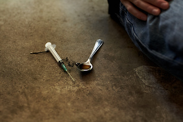 Image showing Person, syringe as drugs on spoon liquid closeup as high substance, illegal addiction or abuse. Meth, narcotic or danger vice problem injection for junkie bad habit, stress relief from mental health