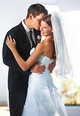 Image showing Wedding, couple hug and woman with bride, happy smile and together outdoor with suit and formal event. Love, commitment and ceremony with celebration, union and bridal dress with marriage and loyalty