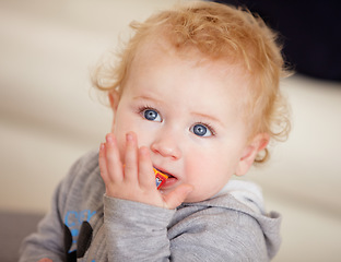 Image showing Home, baby on the floor and happy with joy, peace and calm in the living room, child development and learning to crawl. Apartment, infant on the ground and person in a lounge, support and playing