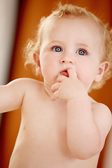 Image showing Home, baby on the floor and happy with joy, bare and calm in the living room, child development and learning to crawl. Apartment, infant on the ground and person in a lounge, support and playing