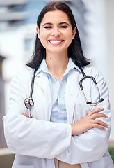 Image showing Smile, crossed arms and portrait of woman doctor with confidence in her office at the clinic. Happy, medical and professional female healthcare worker with positive attitude in medicare hospital.