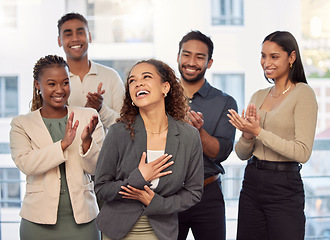 Image showing Business people, applause and happy in office with celebration, winner and success for promotion. Corporate, employee and teamwork with clapping hands for support and achievement at workplace or job
